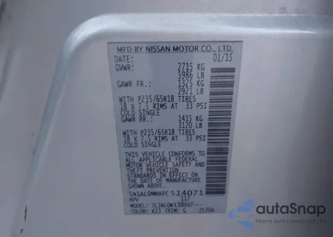 2015 Infiniti Qx60 from USA, damaged, VIN 5N1AL0MNXFC514071